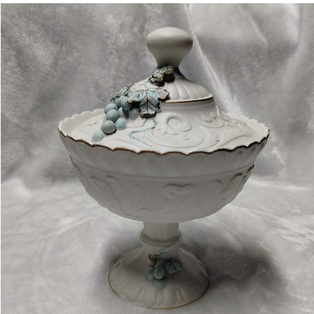 Lefton China 2459 Hand Painted Grape Pedestal Lidded Candy Dish White Blue Gold
